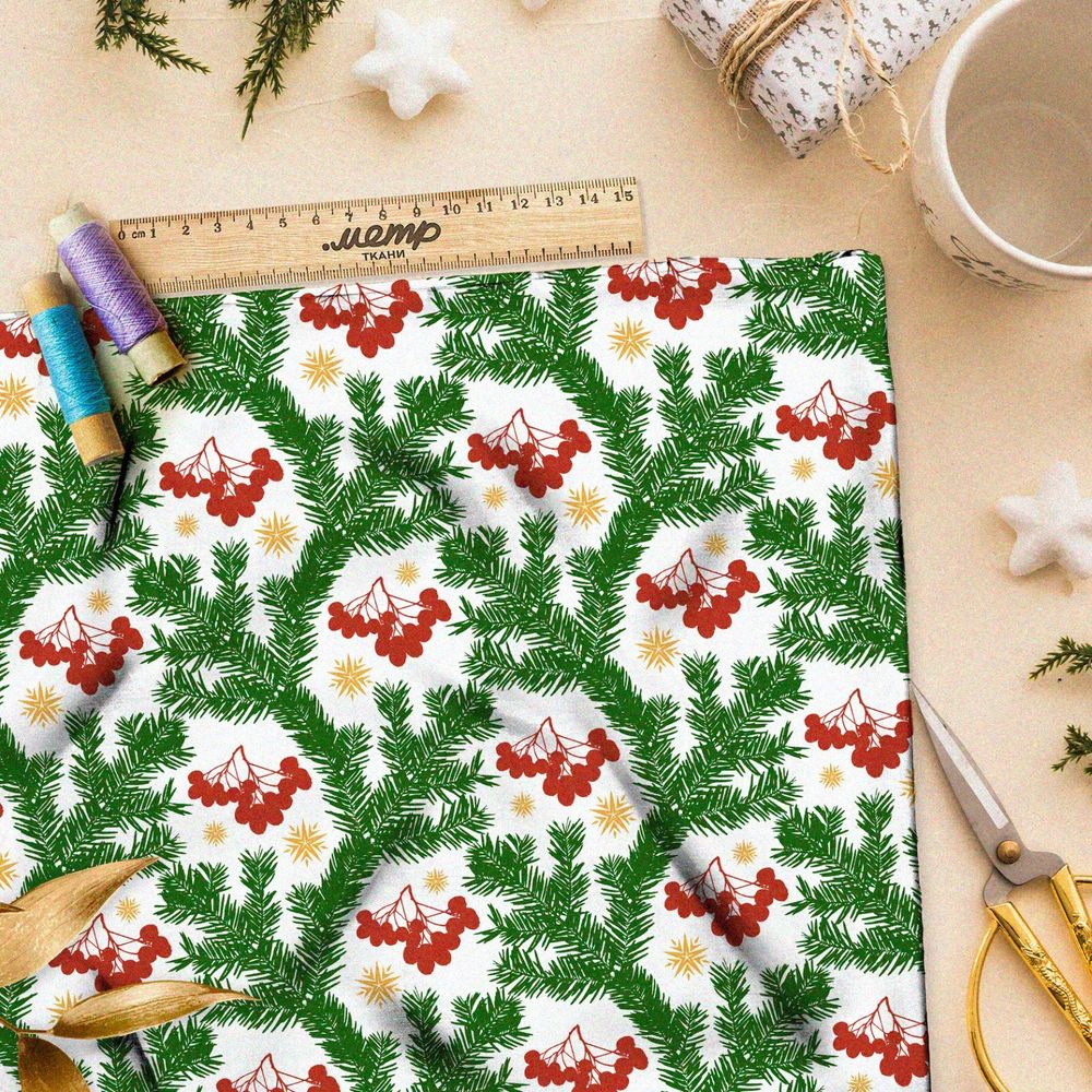 Ткань таффета узор из еловых веток и рябины