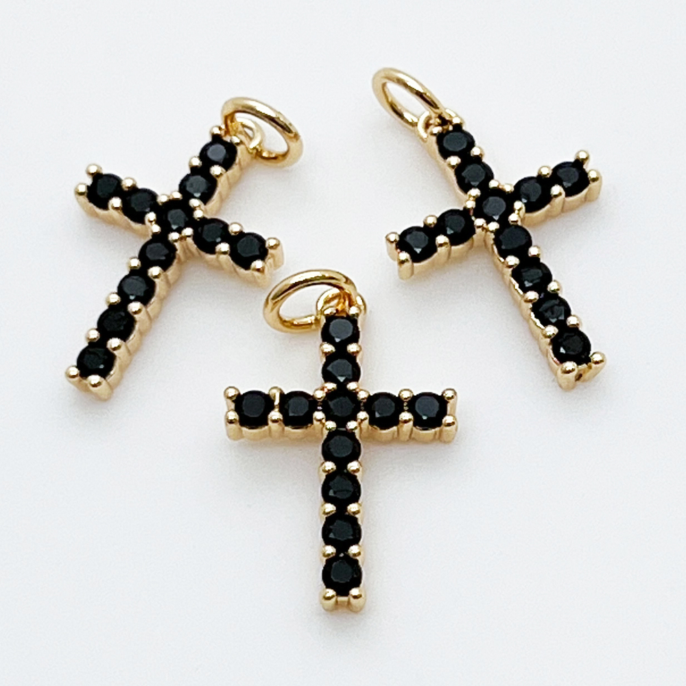 Подвеска Крест, цвет золото, черные фианиты, размер 18*12 мм, цена за 1 шт