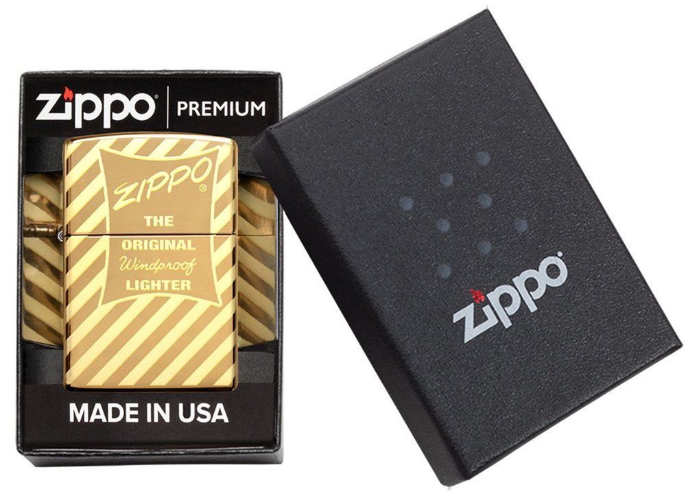 Классическая американская бензиновая узкая золотистая зажигалка с покрытием High Polish Brass из латуни ZIPPO 49075 в подарочной коробке