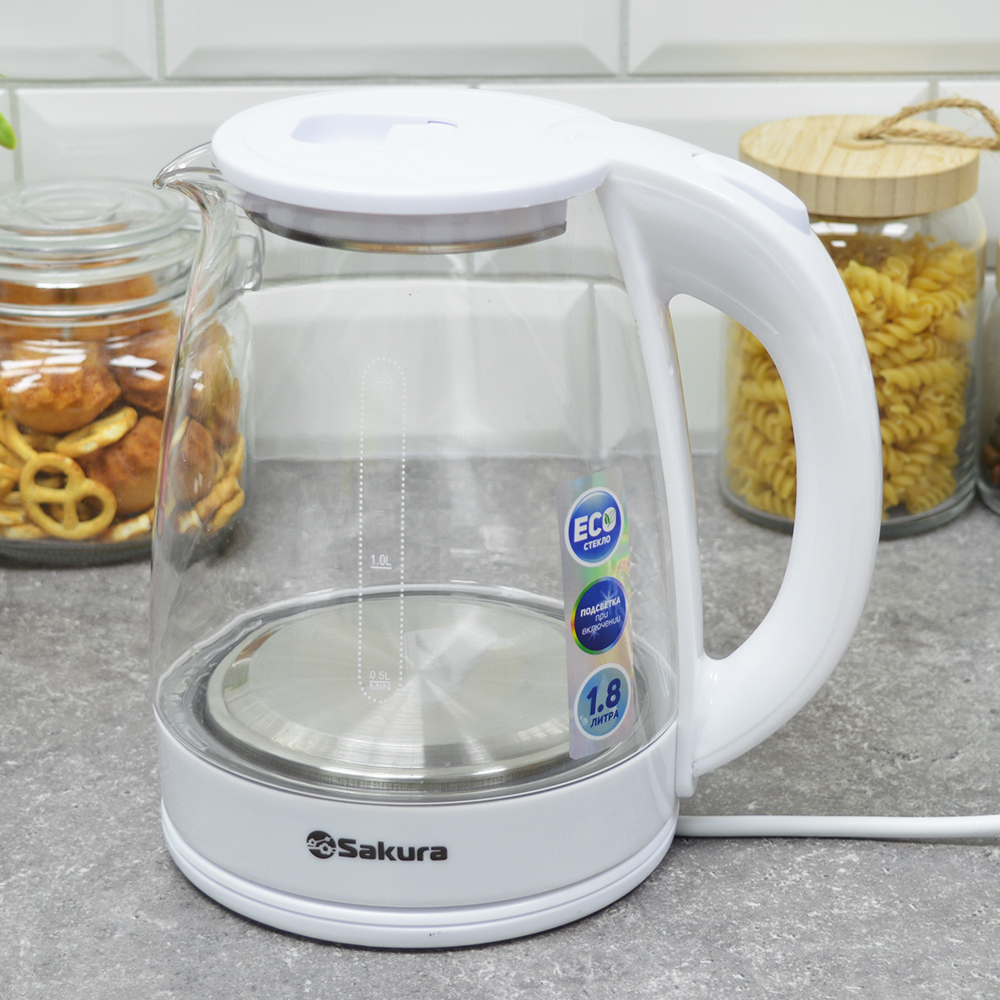 Чайник электрический 1,8л Sakura SA-2734W стеклянный с точечной подсветкой