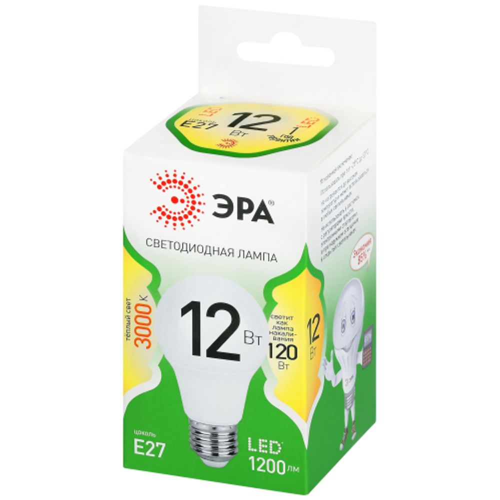 Лампа светодиодная ЭРА GREEN LINE LED A60-12W-830-E27 GL 12Вт груша теплый свет E27 | Лампы cветодиодные Груша (A)
