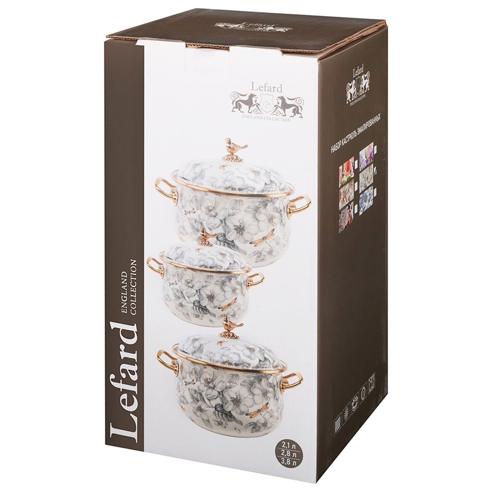 НАБОР КАСТРЮЛЬ LEFARD ЭМАЛИРОВАННЫХ СЕРИЯ ROYAL GARDEN, 6ПР. 2,1Л, 2,8Л И 3,8Л