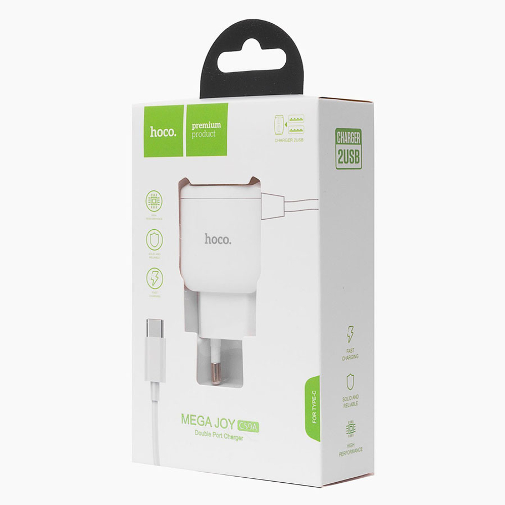 Сетевое зарядное устройство USB Hoco C59A (2A, 2 порта, кабель Type-C) Белый