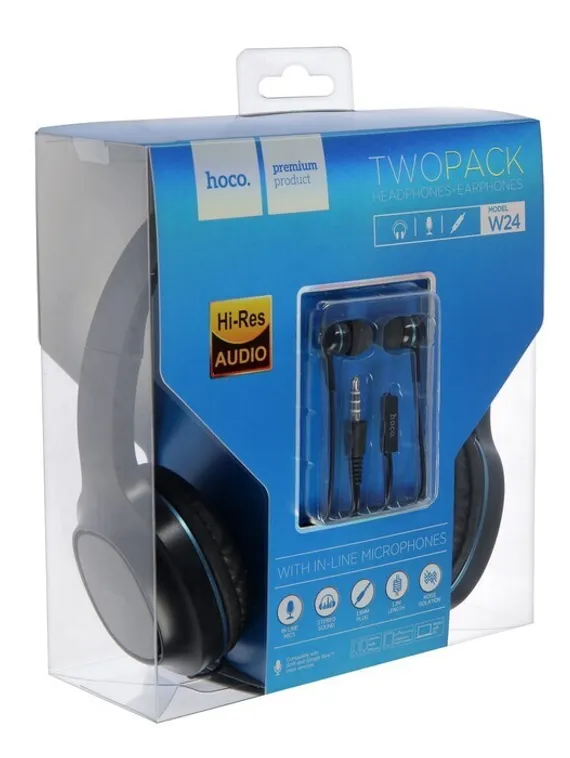 Комплект наушников Hoco W24, проводные, полноразмерные + вакуумные, проводные, синие