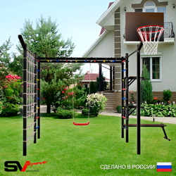 Уличная шведская стенка Sv Sport рукоход с комплектом турник прямой 2шт У5507К (Брусья/Стойка/Скамья/"Лодочка"/Щит баскет/Кронш бокс/Сетка)