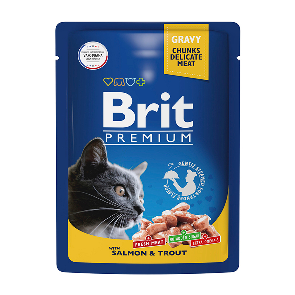 Влажный корм Brit Premium лосось и форель в соусе для кошек 85 г (пауч Брит)