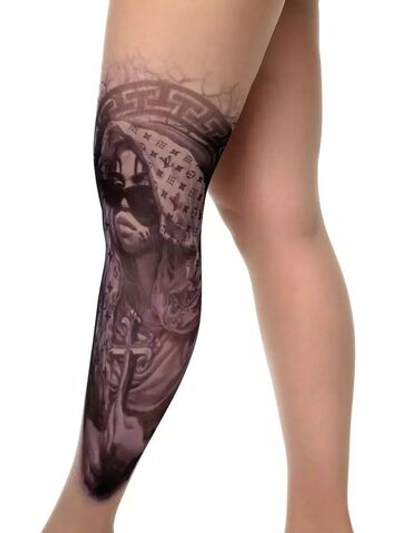 Колготки +size с имитацией крупного тату на левой ножке (Размер: XL-XXL-XXXL) (Цвет: бежевый)