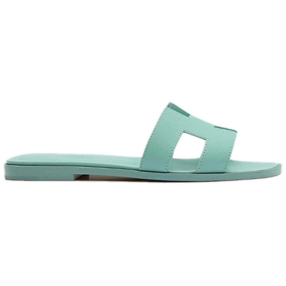 Hermes Oran leather one-line flat heel round head fashion sandals women's sea foam green, H202272Z 08