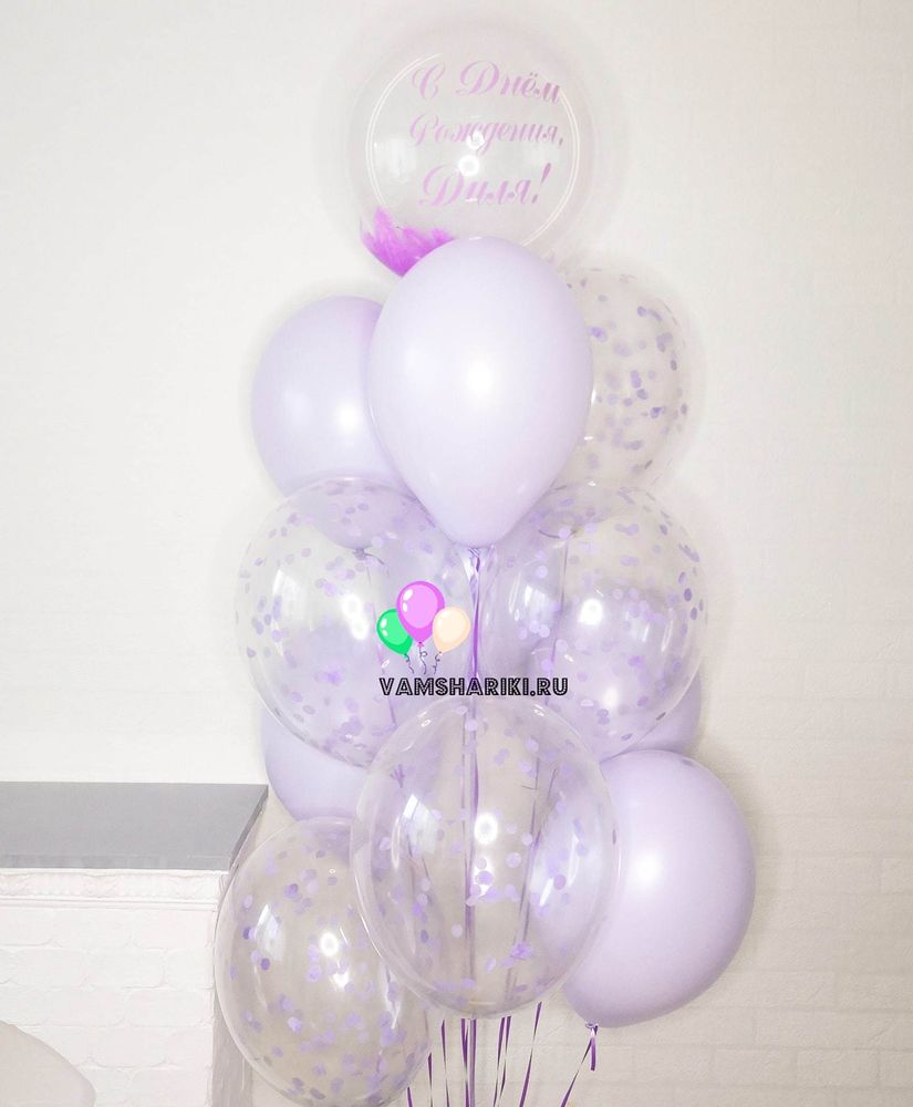Набор шаров в светло-фиолетовых цветах с перьями