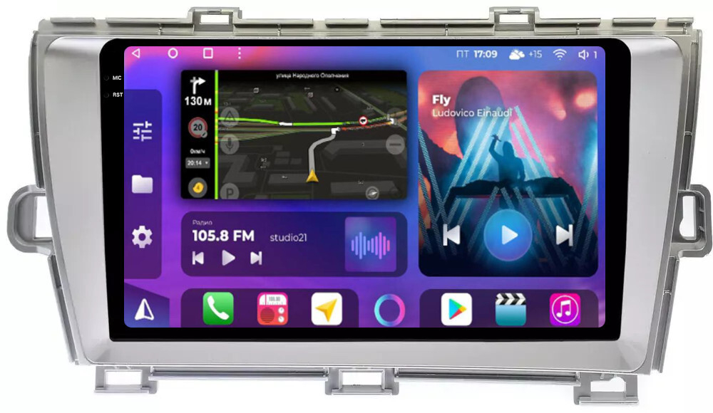 Магнитола для Toyota Prius 30 2009-2015 (левый руль, рамка серебро) - FarCar BM9-2K-9539LS монитор 9.5" 2K QLED на Android 14, TS10, 4+32Гб, CarPlay, 4G SIM-слот