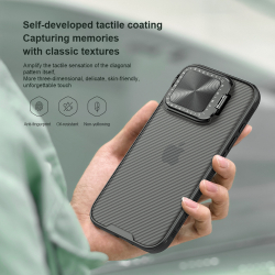 Чехол прозрачный тонированный (Transparent Black) от Nillkin с металлической откидной крышкой для камеры на iPhone 16 Pro, серия CamShield Prop Case