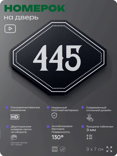 Номерок на дверь квартиры 445, для кабинета, офиса, шильдик 9 х 7 см, черный, Айдентика Технолоджи