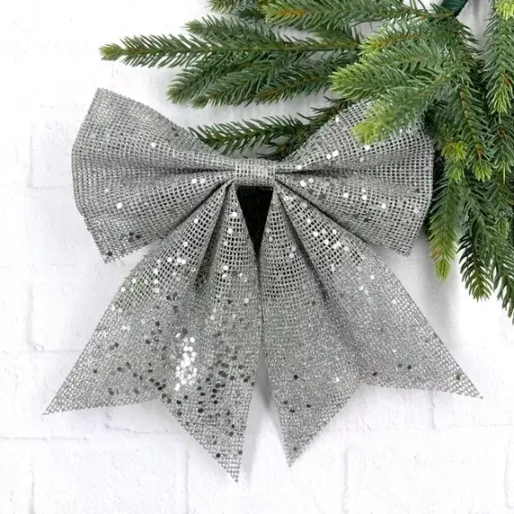 Бант Бриджит 20x24 см., 1 шт., серебро с пайетками, Christmas DeLuxe (86840)