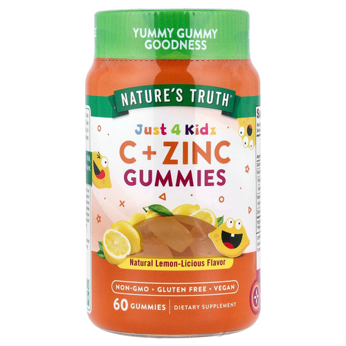 Nature's Truth, Just 4 Kids, жевательные мармеладки с витамином C и цинком, с натуральным вкусом лимона, 60 жевательных таблеток