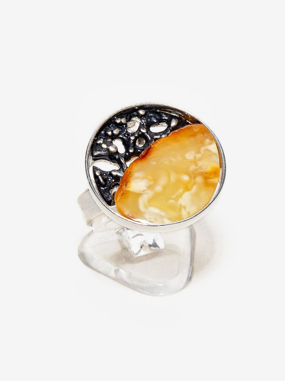 Уникальный серебряный комплект с цельным пейзажным янтарем, серебро 925 пробы