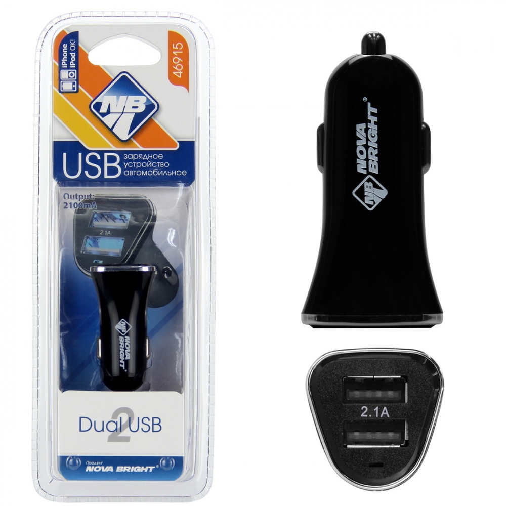 46915 Зарядное устройство "Nova Bright" для моб.устройств, 2 USB-порта, 2100мА, LED индикатор, 12/24