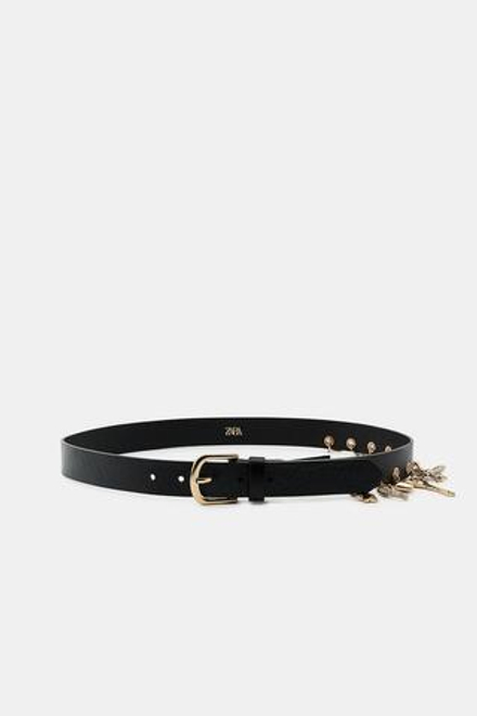 ZARA КОЖАНЫЙ РЕМЕНЬ С ШАРМАМИ, ЧЕРНЫЙ