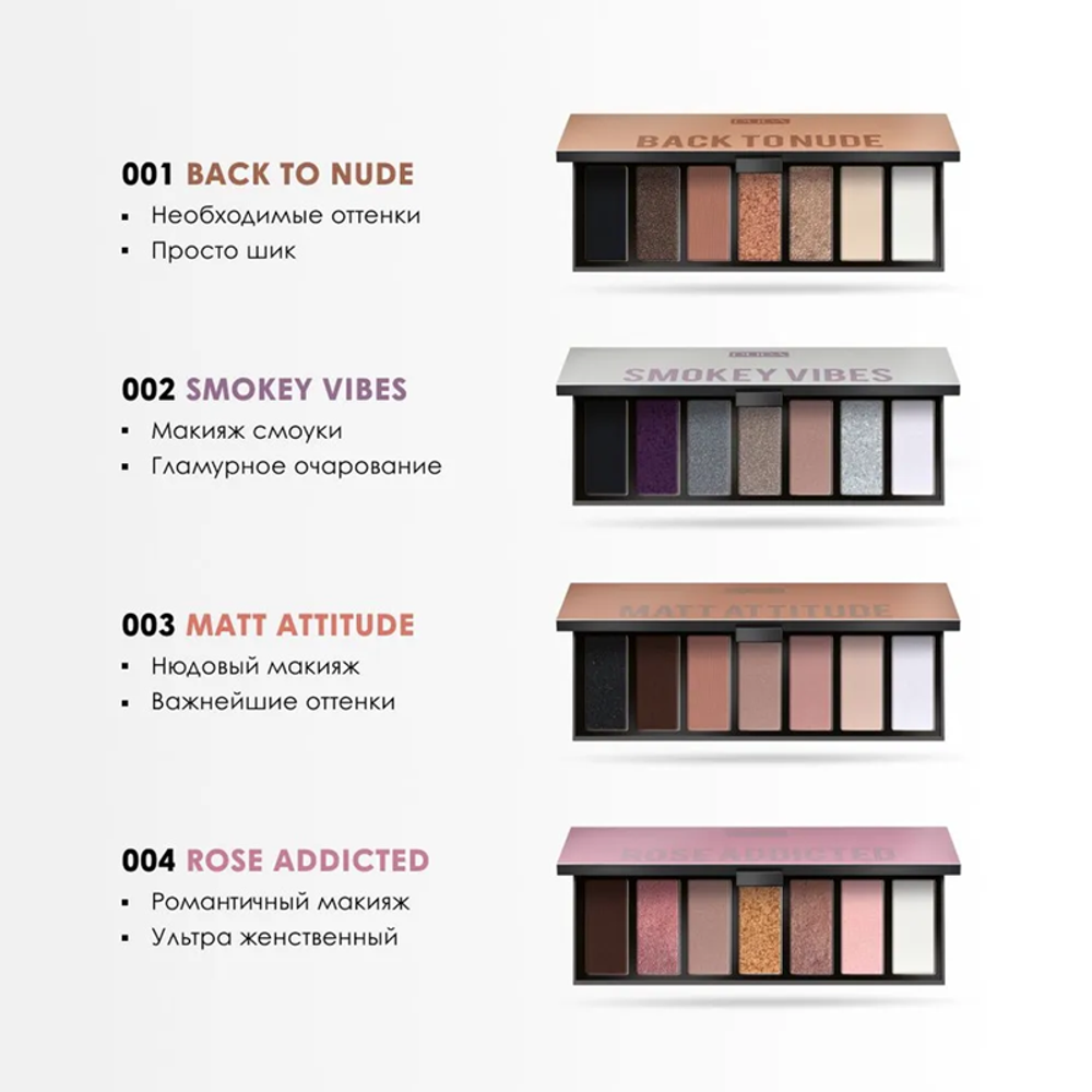 Pupa Палетка теней для век Make Up Stories Compact, 7 оттенков с разным финищем, тон №001, 13,3 гр