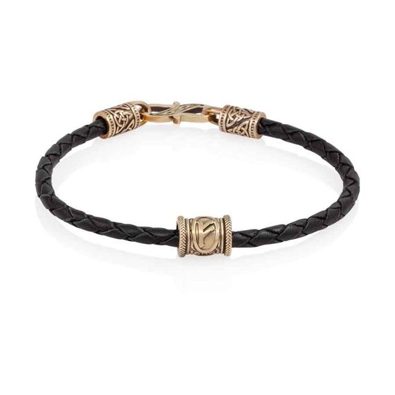 Браслет гайтан черный 3 мм с руной Феху Бронза, вид спереди