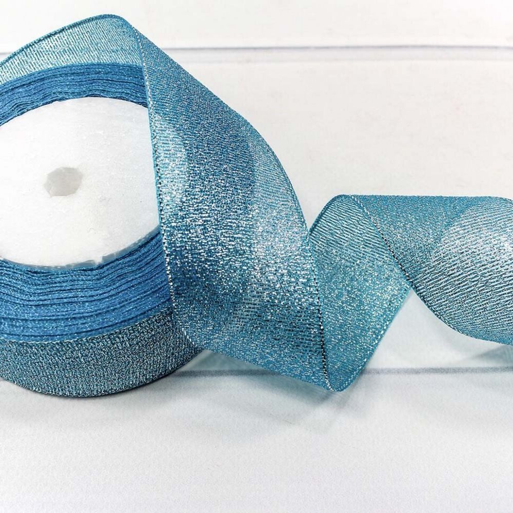 Лента-парча 2,5см*25ярд ГОЛУБОЙ/СЕРЕБРО