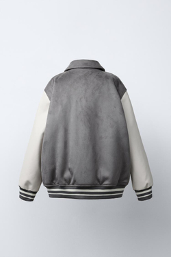 ZARA КОМБИНИРОВАННЫЙ БОМБЕР ИЗ ИСКУССТВЕННОЙ ЗАМШИ, СЕРЫЙ