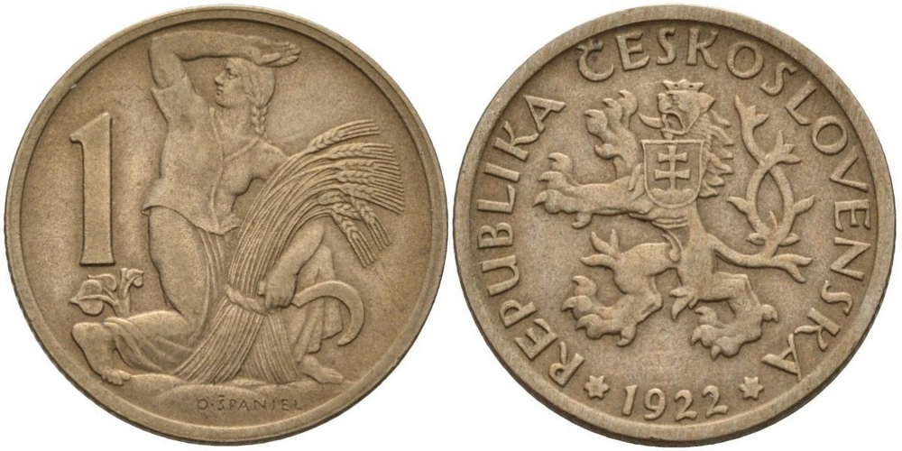 Чехословакия 1 крона, 1922 - 1938 Герб XF