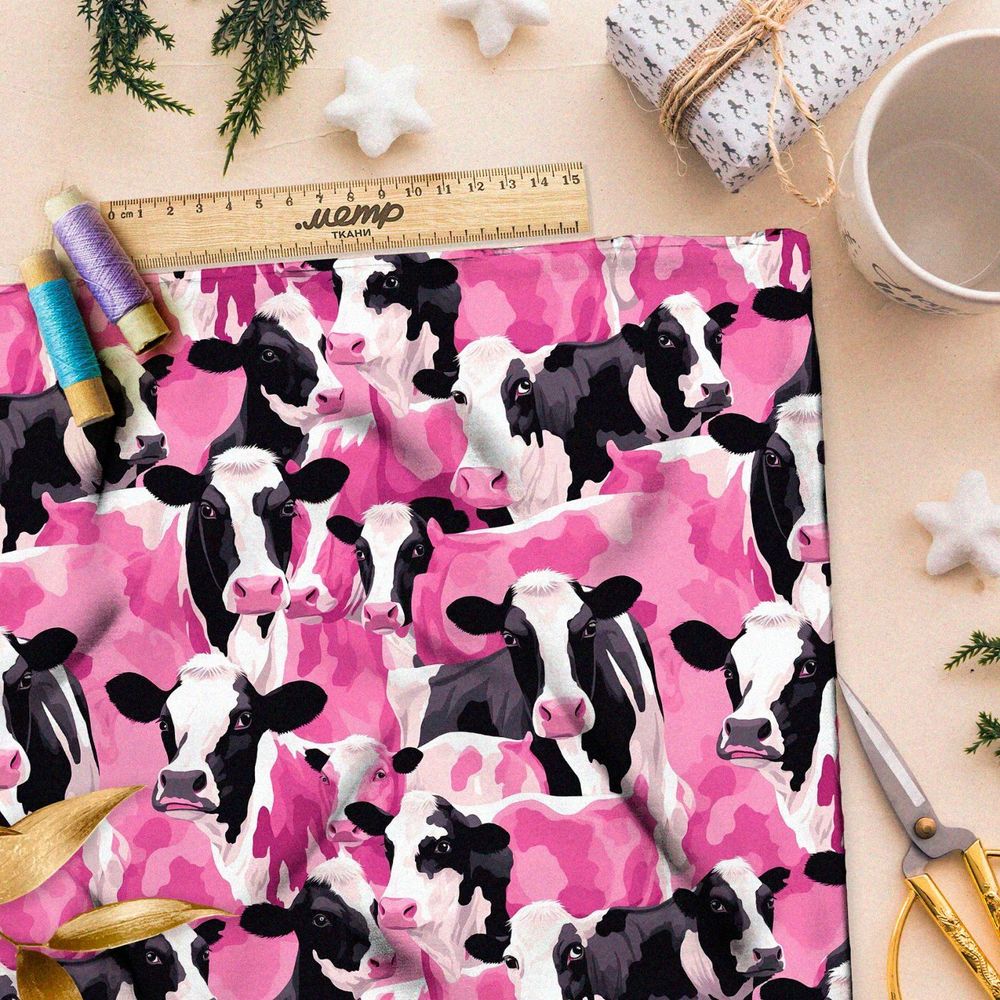 Ткань премиум мембрана коллаж из розовых коров