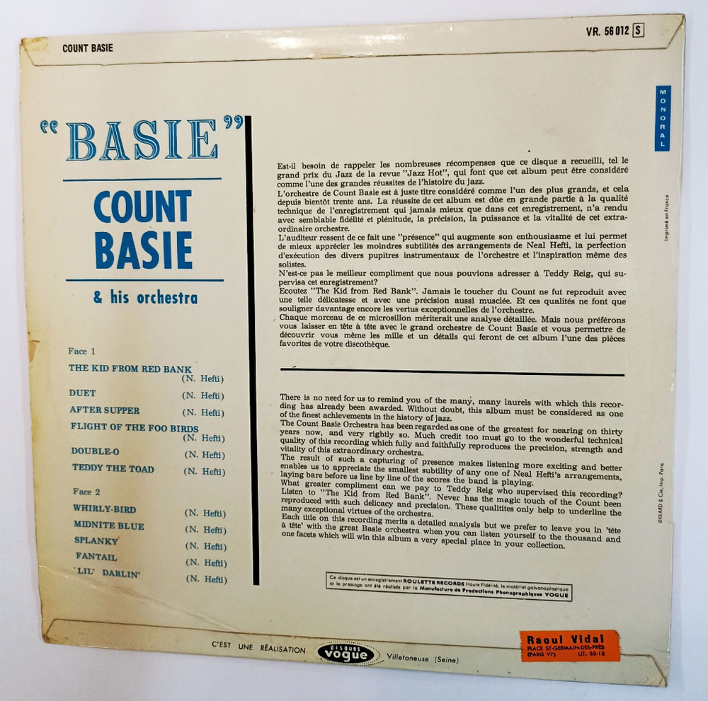 Винтажная виниловая пластинка LP Count Basie and His Orchestra Basie (France 1958)