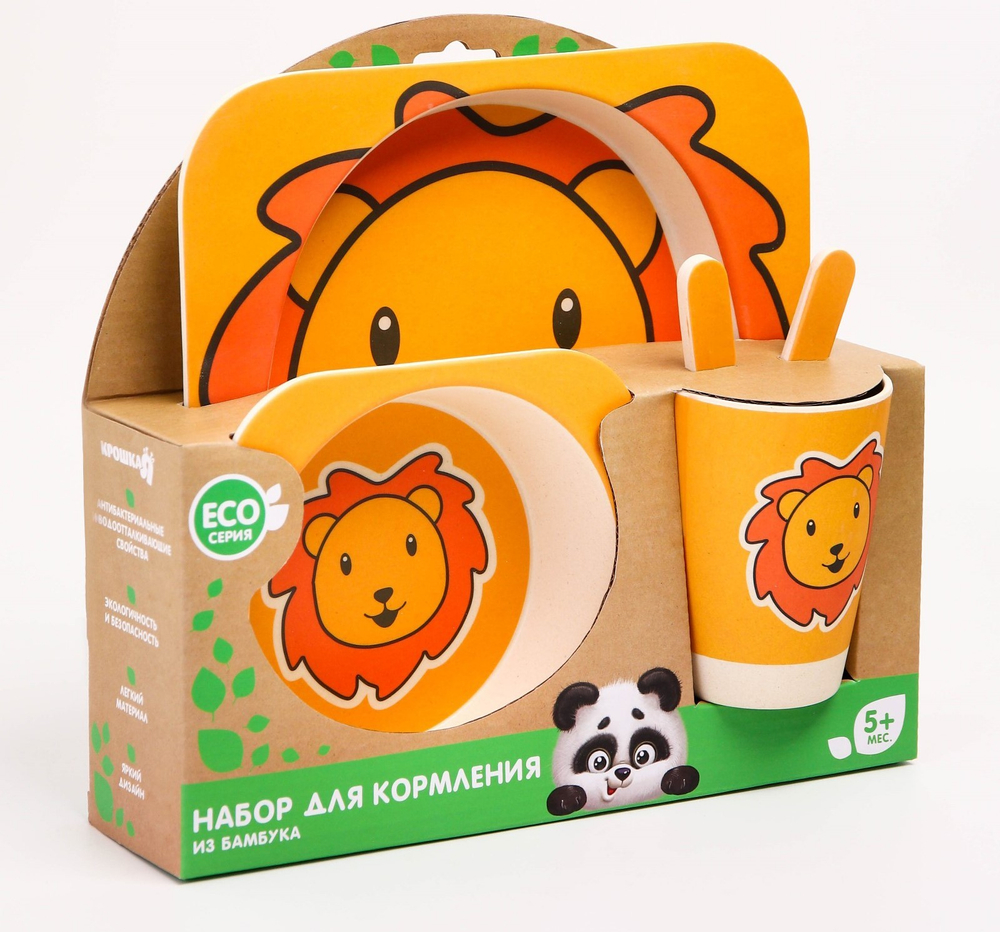 4167335 Набор бамбуковой посуды "Лев", тарелка, миска, стакан, приборы, 5 предметов