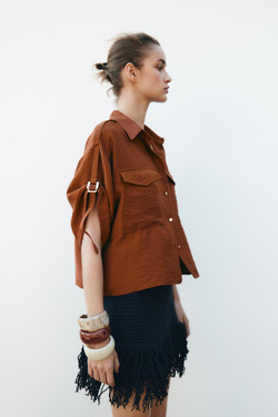 ZARA РУБАШКА В СТИЛЕ САФАРИ С КОРОТКИМИ РУКАВАМИ, ЧЕРЕПИЧНЫЙ