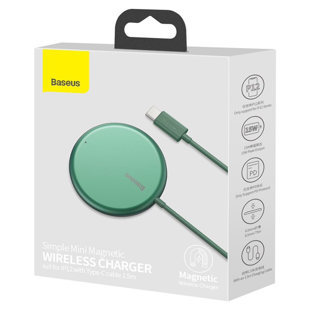 Беспроводная зарядка Baseus Simple Mini Magnetic Wireless Charger - Green