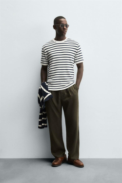 ZARA ФУТБОЛКА ИЗ РЕЛЬЕФНОЙ ТКАНИ ВАФЕЛЬНОГО ПЕРЕПЛЕТЕНИЯ, ЭКРЮ/ТЕМНО-СИНИЙ