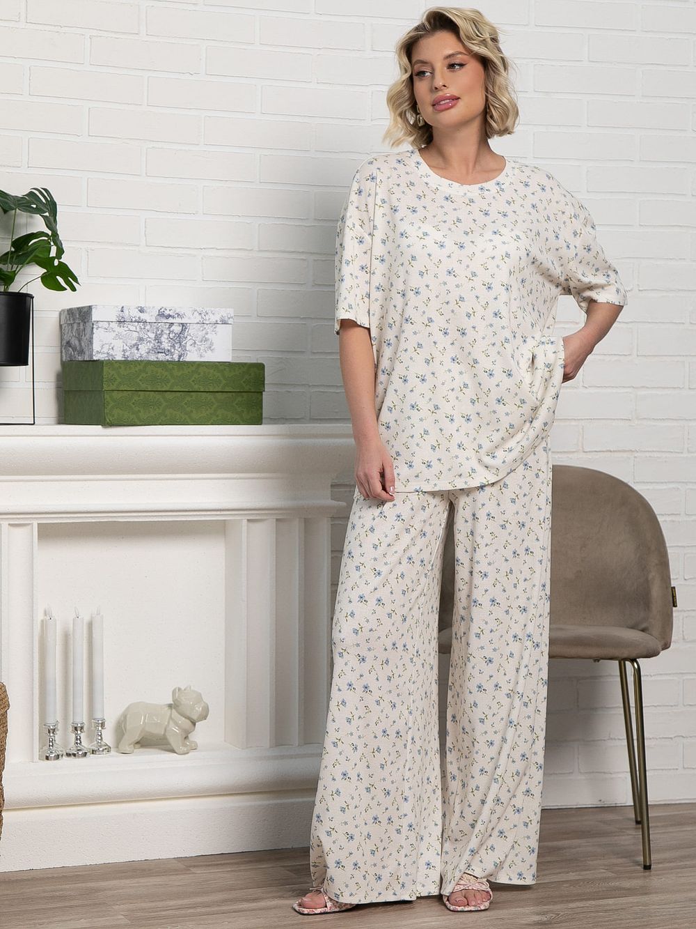 Костюм домашний с брюками Мона (бежево-голубой) К15210-1М LT Collection