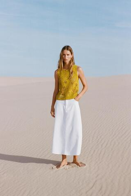 ZARA ТОП ИЗ КРУЖЕВА КРОШЕ БЕЗ РУКАВОВ, ГОРЧИЧНЫЙ
