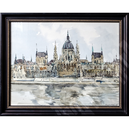 Раздрогин И. А. Парламент Венгрии. Будапешт. Бумага, тушь, акварель. ВНР, 1975 г.