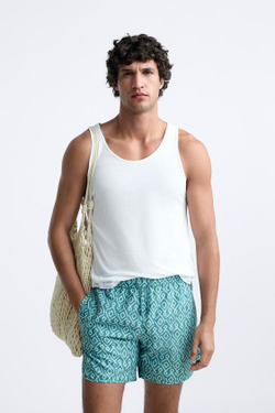 ZARA ДЛИННЫЕ ПЛАВКИ С ГЕОМЕТРИЧЕСКИМ ПРИНТОМ, СИНЕ-ЗЕЛЕНЫЙ