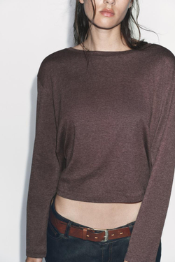 ZARA ФУТБОЛКА С ВЫРЕЗОМ «ЛОДОЧКА» И ДЛИННЫМИ РУКАВАМИ, РЫЖЕВАТО-КОРИЧНЕВЫЙ МЕЛАНЖ