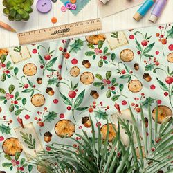 Ткань дюспо пеньки, шишки и клюква на зелёном фоне