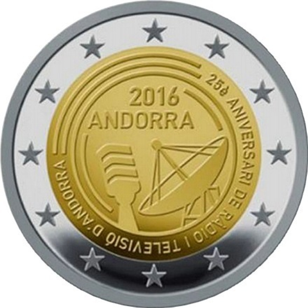 2 евро Андорра "25-летие радио- и телевещания в Андорре" 2016 год