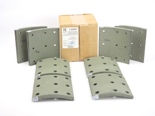 Рем. комплект тормозных накладок а/м КАМАЗ-6520, 6560 ЕВРО после 06.2013 г. (материал ТИИР-417, повышенный ресурс/ Сверл./расточен./без заклёпок/ ширина 180мм., 9 отв./ к-т 8 шт. короткие, 6520-3501105-51-01 / доп арт.: 6520-3501105-К, RU 372 HD, 6580-3501105) АО ТИИР г. Ярославль