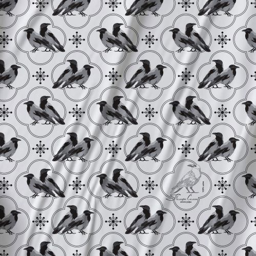 Платок каре 90*90см, БЕЛАЯ ВОРОНА на белом