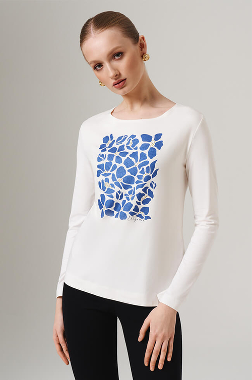 23124 Лонгслив женский (молочный с синей печатью)