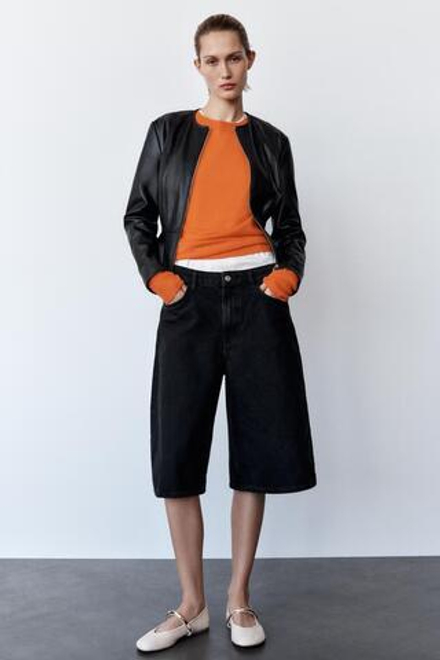 ZARA КУРТКА ИЗ ИСКУССТВЕННОЙ КОЖИ С БАСКОЙ, ЧЕРНЫЙ