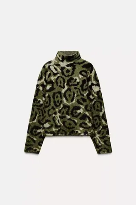 ZARA ЖАККАРДОВЫЙ СВИТЕР С АНИМАЛИСТИЧНЫМ ПРИНТОМ, ЭКРЮ/ХАКИ