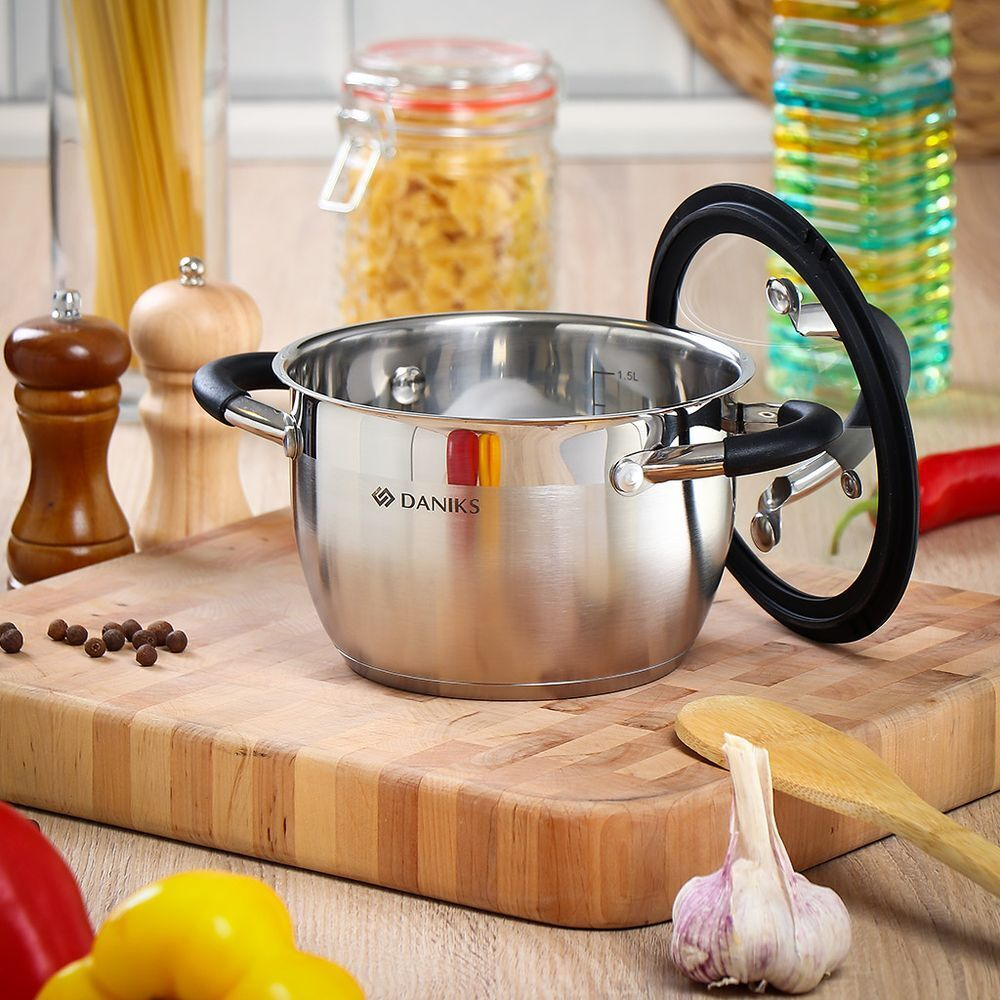 Кастрюля нерж, 1.9 л, с крыш, крышка стекло, Daniks, Орландо, GS-01435-16CA, серебр, индукц