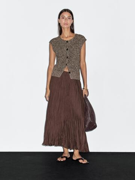 Massimo Dutti Длинная плиссированная юбка из струящейся ткани, коричневый
