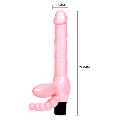 Розовый безремневой вибрострапон 24,8см с анальным отростком Baile BI-014084
