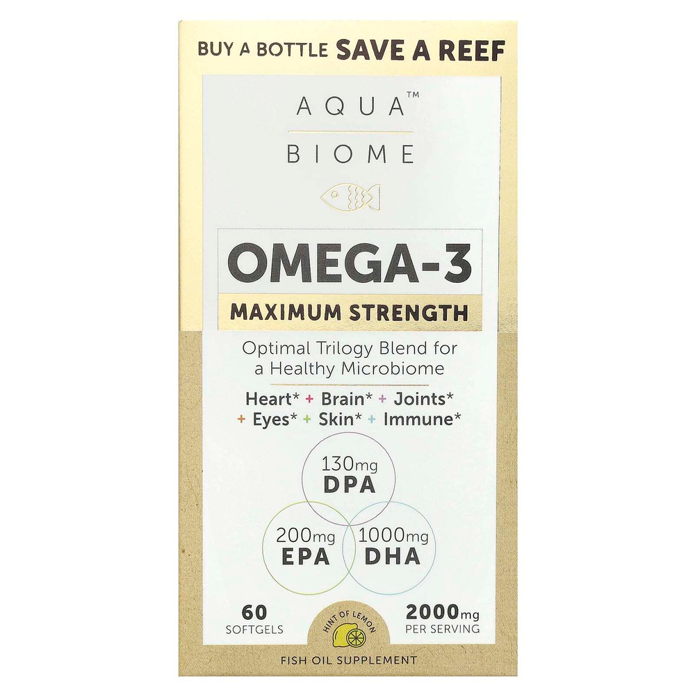 Enzymedica, Aqua Biome, омега-3, максимальная сила действия, лимонный вкус, 2000 мг, 60 капсул (1000 мг в 1 капсуле)