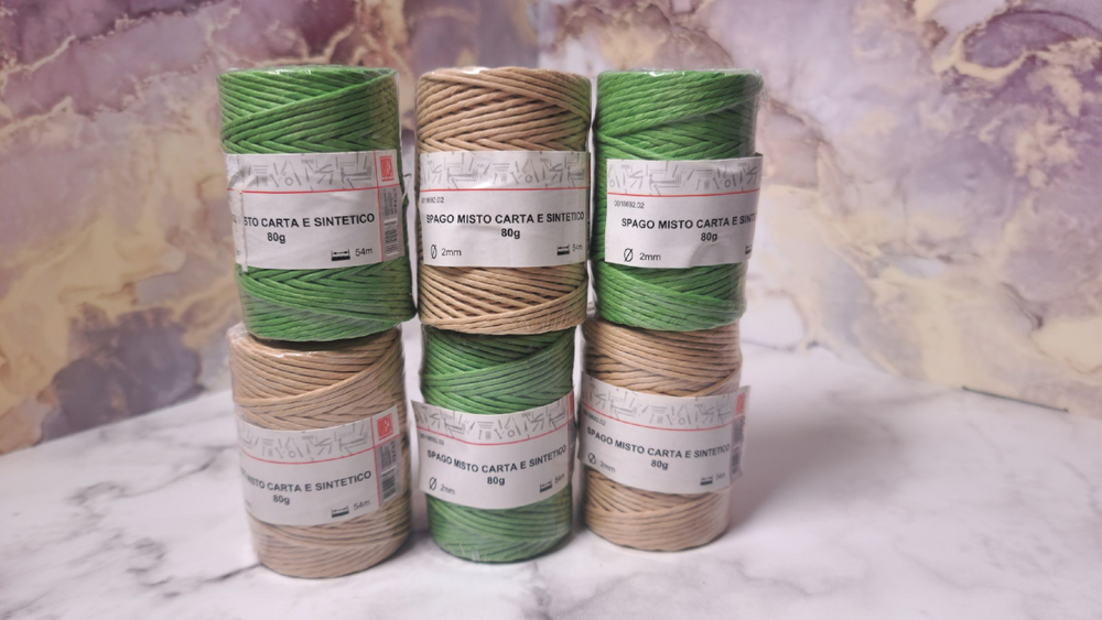 Шпагат хлопчатобумажный для творчества, декора, флористики 6шт (натуральный, зеленый) 80гр/54м/1шт