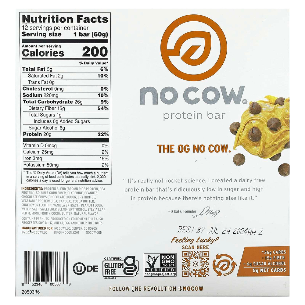 No Cow, Протеиновый батончик, шоколадная крошка с арахисовой пастой, 12 батончиков по 60 г (2,12 унции)
